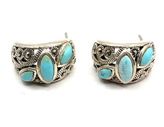 Vintage Sterling Silver Turquoise Color Ornate Hoop Earrings