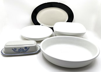 Homer Laughlin Platter, Pflatzgraff Yorktown Stoneware Butter Dish & 3 White Serving Bowls