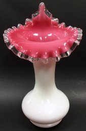 VINTAGE FENTON JACK IN THE PULPIT VASE: Ruffled Peach Crest Tulip #186 White Milk Glass & Pink Inside, 9' Tall