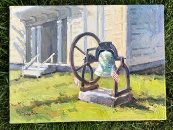 Bell W/House & Flag Painting ~ Signed Geison?? ~ Oil On Canvas