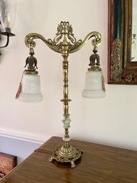Antique Onyx And Brass Twin Light Table Lamp