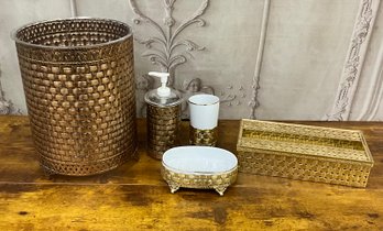 Fabulous Vintage Hollywood Regency Style Gold Basketweave Bathroom Set