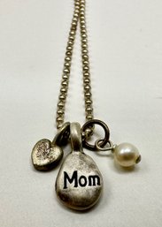 Sterling Silver Mom & Heart Pendants & Fresh Water Pearl On 16 Inch Chain, Marked 925