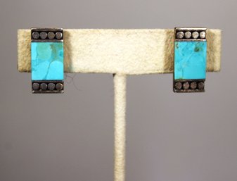 Pair Fine Sterling Silver Genuine Turquoise Pierced Earrings