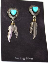 Sterling Silver Southwestern Turquoise Heart Shapes W Feathers