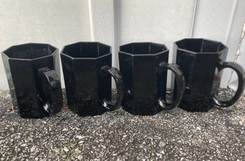 Arcoroc Black French Octagonal Glass Mugs, Set Of 4 (France) Chip Free Awesome Set