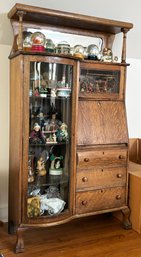 A Late 19th Century Carved Oak And Curved Glass Cabinet - An All In One Secretary Of Sorts!