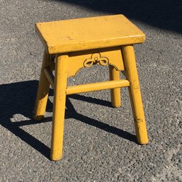 Fantastic Antique Chinese Stool / Bench - Very Mellow Mustard Colored Paint - Old Repairs And Wear - WOW !