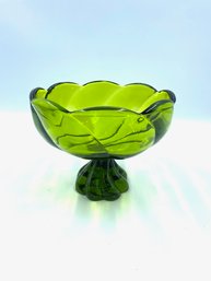 Vintage Hand-blown Avocado Green Glass Swirled Pedestal Compote