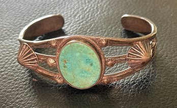 Heavy Native American Sterling And Turquoise Cuff Bracelet