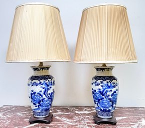 A Pair Of Transferware Lamps On Rosewood Bases