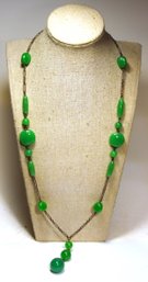 Fine Art Deco Sterling Silver Jadeite Jade Beaded Necklace W Drop