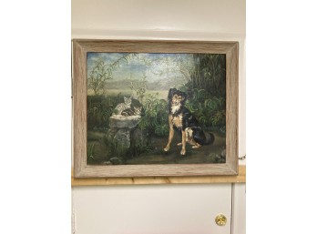 Original Vintage Oil Painting Of Cats And Dog