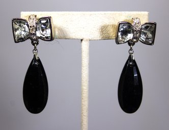 1980s Silver Tone Rhinestone And Black Plastic Drop Pierced Earrings