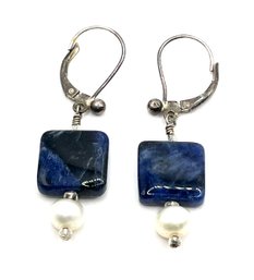 Vintage Sterling Silver Lapis And White Pearl Color Dangle Earrings