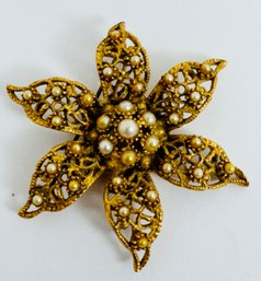 SIGNED FLORENZA GOLD TONE FAUX PEARL FLOWER BROOCH