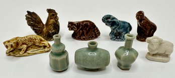 9 Miniature Stoneware Figurines Including Wade Whimsies Animals & Mini Bottles