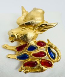 VINTAGE SIGNED HOBE' GOLD TONE COW WITH BLUE & RED MOSAIC GLASS BROOCH - SCARCE!