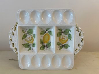 Vintage Italian Ceramic Hand-painted Deviled Egg Relish Handled Serving Platter