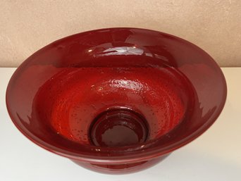 Hand-Blown Ruby Red Bell Form Bowl With Trapped Bubbles