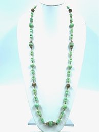 Vintage Brass Tone & Speckled Marbled Green Bead Necklace