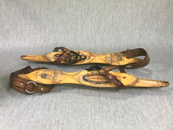 Interesting Antique Ice Skates From Sweden - Made Of Pine, Leather & Iron - One Has Original Swedish Label