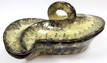 MARTINDALE CALIFORNIA POTTERY BOX: Handpainted Vintage Covered Candy Dish, Yellow Green & Black, Curved Shape