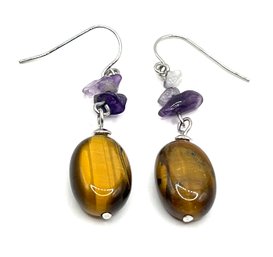 Boho Style Tiger's Eye And Purple Nugget Beaded Dangle Earrings