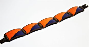 MCM Mid Century Blue And Orange Enamel Link Bracelet On Copper