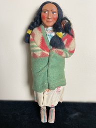 Antique 14.5' Stuffed Body Wood Legs Mohair Female & Papoose Indian Skookum Doll