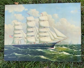 Clipper Ship Oil Painting On Board ~ Signed John Lynch ~