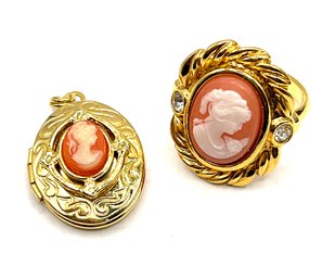 Vintage Inspired Lot With One Shiny Ornate Cameo Pendant Locket And One Cameo Ring, Size 6.75