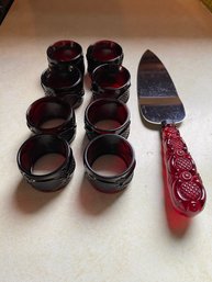 Cranberry Glass Napkin Rings And Cake Server