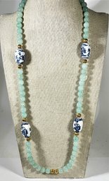 Chinese Export Jadeite Stone Necklace Having Hand Painted Blue White Porcelain Beads
