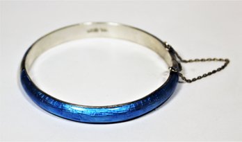 Fine Blue Guilloche Enamel Sterling Silver Hinged Bangle Bracelet