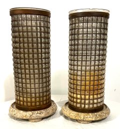 Pair Of Glass And Marble Hurricane Candle Holders