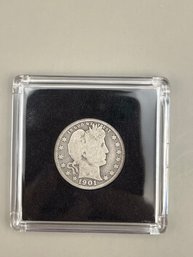 1901 Barber Silver Quarter In Plastic Case