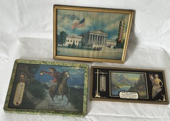 Grouping Of 3 Vintage 1930s Advertising Thermometers- Paul Revere, Washington Monument, Maiden And Horse