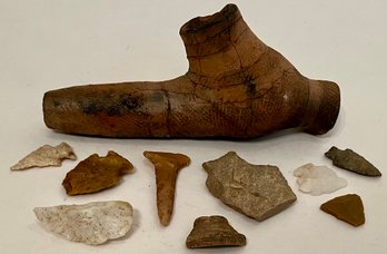 Ancient Lot Arrowheads Artefacts - Native American Indian Woodlands Elbow Clay Pipe - Old Dug Fragments
