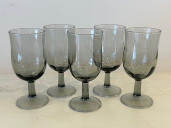 Vintage Libbey Tulip Collection Smoke Gray Wine Goblets - Set Of 5 Glasses