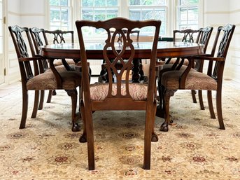 A Gorgeous Banded Mahogany And Marquetry Extendable Dining Table And Set Of 8 Chairs By Henredon