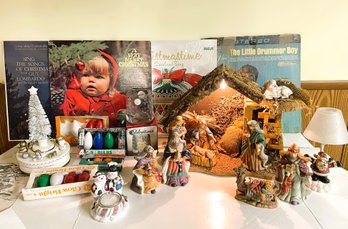 Vintage Christmas With Four Records, Silvestri Figures & Manger, Merrilite Music Box, Yankee Candle & Others