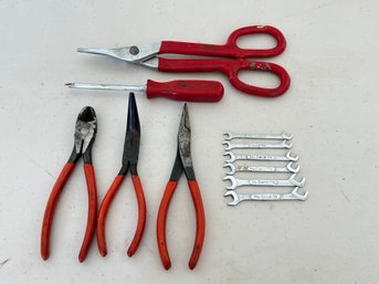 Snap On Tool Lot Including 6 Pc Ignition Wrench Set, Screwdriver, Tin Snips, And 3 Pliers