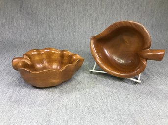 Two Cool Vintage Monkey Pod / Mango Wood Leaf Shaped Bowls - Made In Hawaii - One Has Original Paper Label