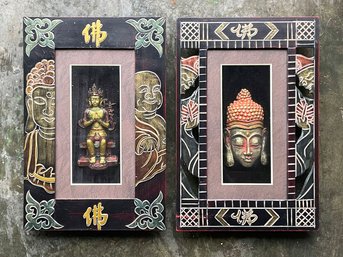 A Pair Of Colorful Eastern Wood Carvings In Shadow Boxes