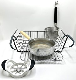 Kitchen Tools: Shelf, Hammered Aluminum Frying Pan, Deep Fryer, Apple Corer & Oven Tray With Handles