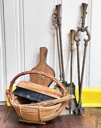 A Kindling Basket And Antique Brass Fireplace Tools