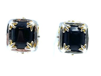 Vintage Square Button Style Clip Earrings W/ Black Stone