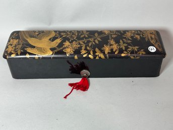 AN ANTIQUE JAPANESE LACQUERED GLOVE BOX W/ ENAMEL GOLD BIRD