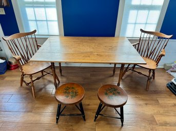 Vintage Hitchcock Wooden Dining Table W/ Stools & Hale Company Wooden Arm Chairs